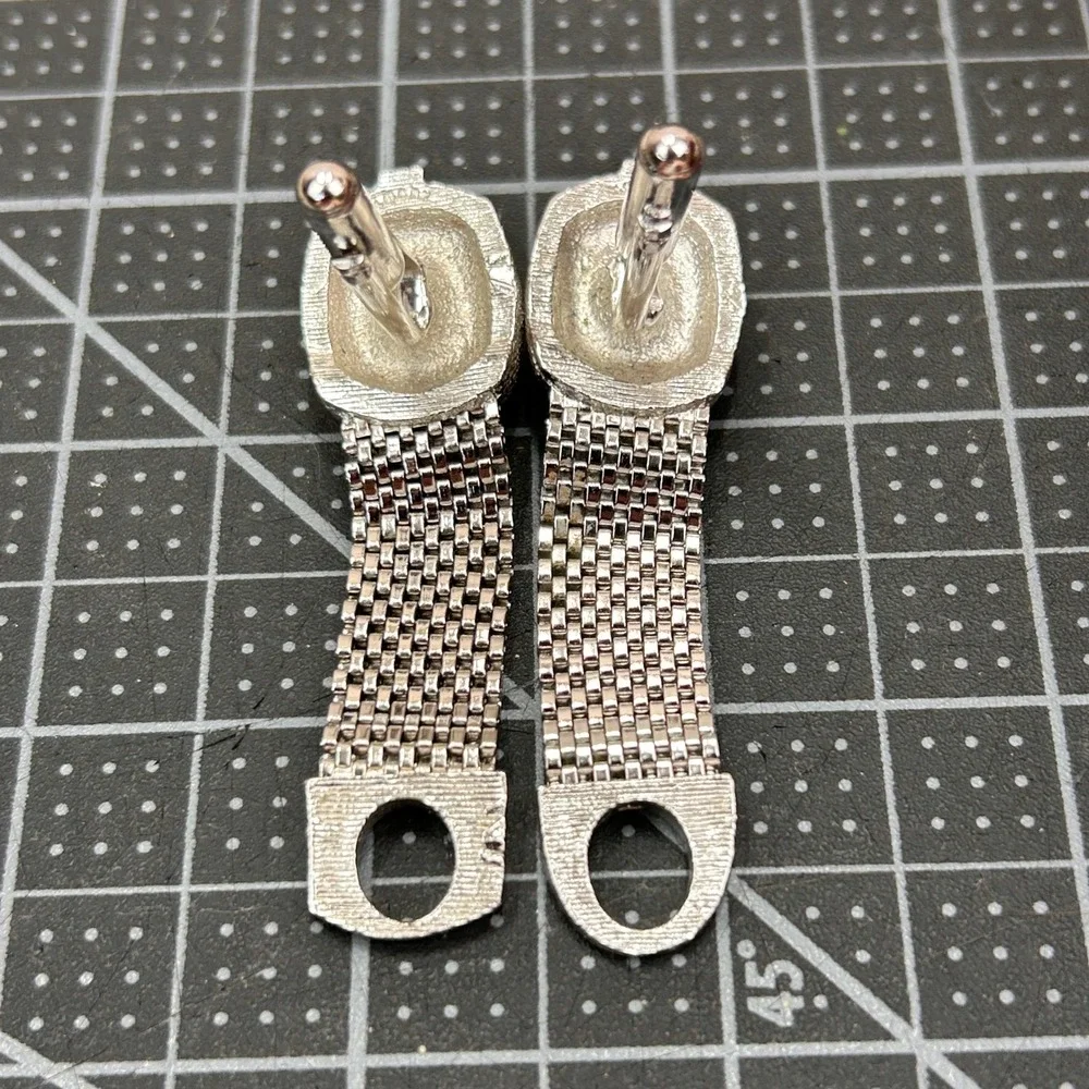 Swank Vintage Mens Wrap Mesh‎ Cufflinks Tie Tack Set Silver Tone Yellow Cabochon